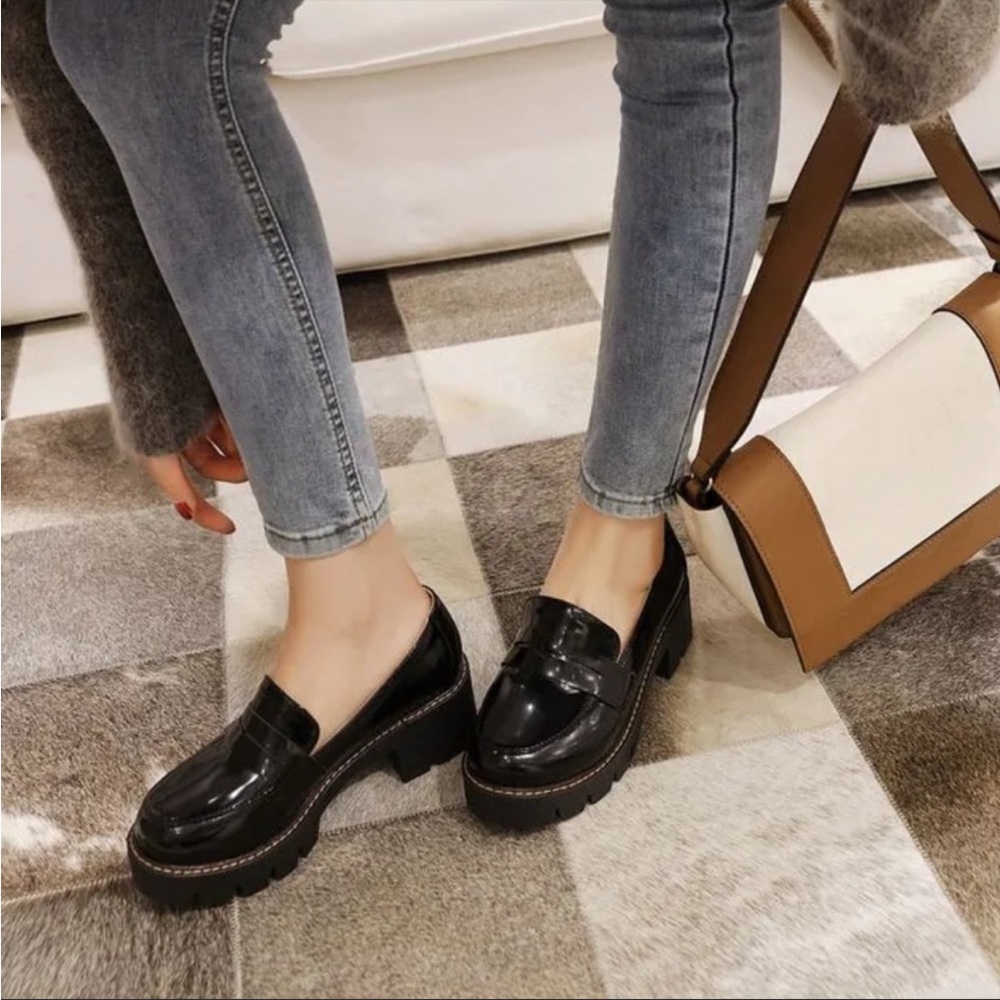 NEW Franco Sarto Cassandra Platform Penny Loafer in Black Patent Leather